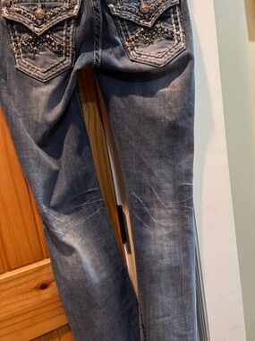 Miss Me Straight Leg Jeans in Faded Blue with Embellished Back Pockets